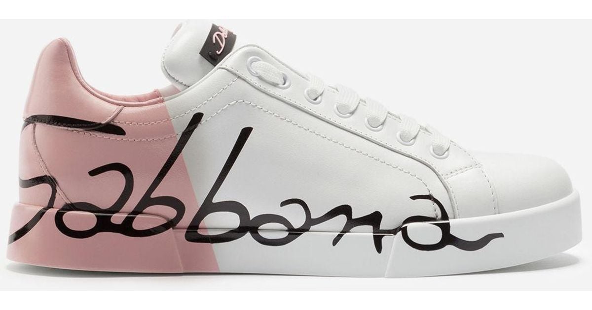 Dolce & Gabbana Leather Portofino Sneakers With Metallic Heel in White