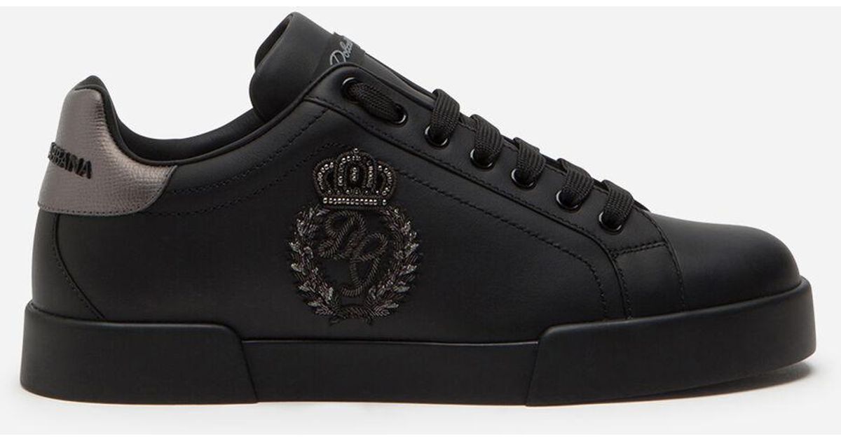 Dolce & Gabbana Leather Calfskin Nappa Portofino Sneakers With Crown Patch in Black for Men - Lyst