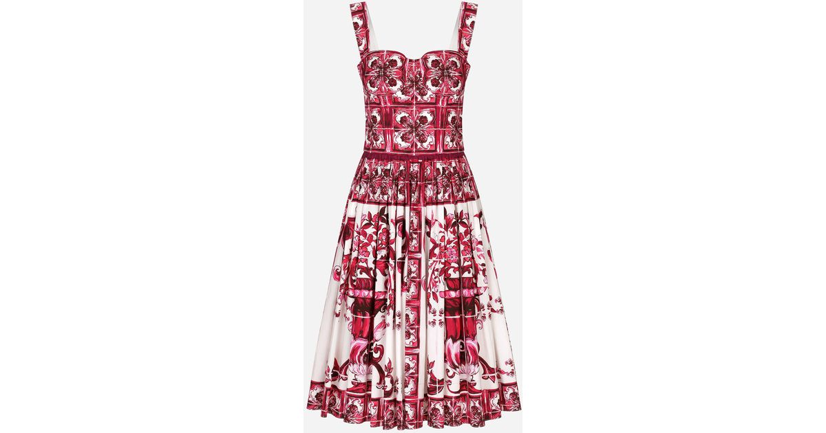 Dolce & Gabbana Bustier Midi Dress In Majolica-print Poplin in Red | Lyst