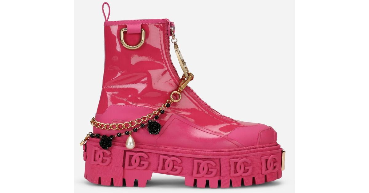 Dolce & Gabbana Rubberized Calfskin And Patent Leather Ankle Boots With  Bejeweled Chain And Dg Logo in Pink | Lyst