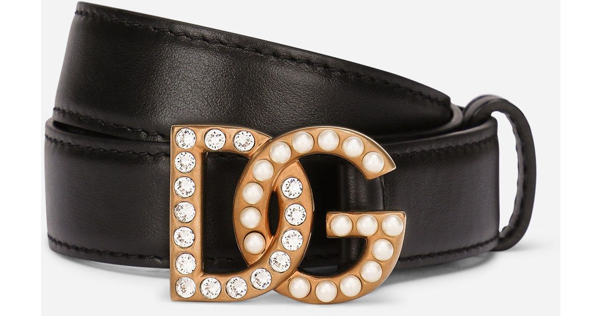 Dolce & Gabbana Leather Calfskin Belt With Bejeweled Dg Logo Womens Accessories Belts 