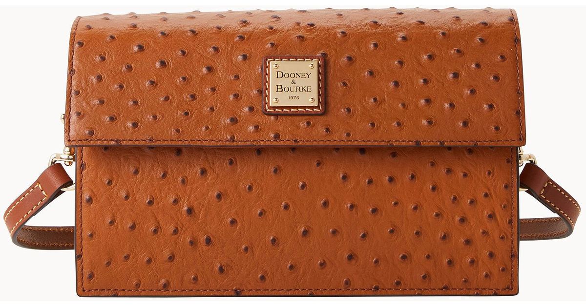 Dooney & Bourke Leather Ostrich East West Flap Shoulder Bag in Caramel