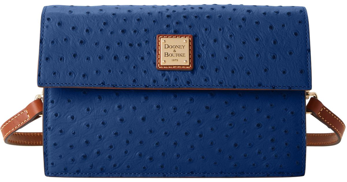 Dooney & Bourke Leather Ostrich East West Flap Shoulder Bag in Navy