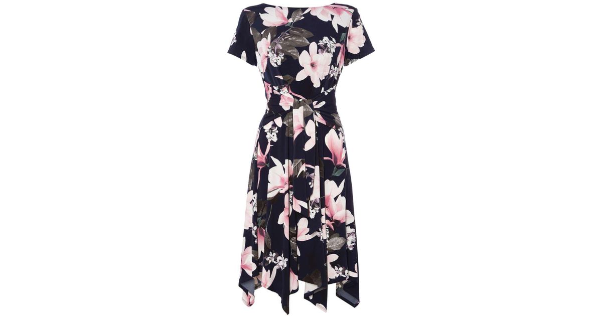 Roman Originals Women/'s Navy Hanky Hem Floral Print Cold Shoulder Dress