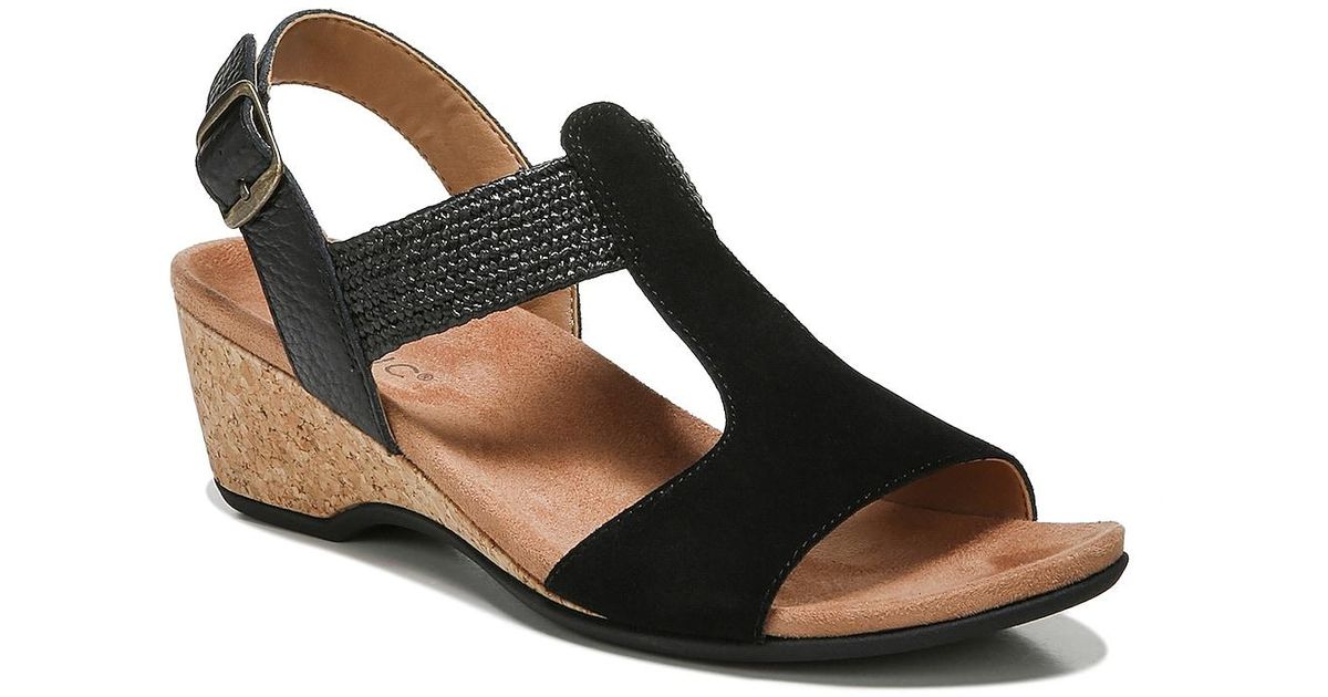 Vionic Suede Paradise Kaytie Wedge Sandal in Black | Lyst