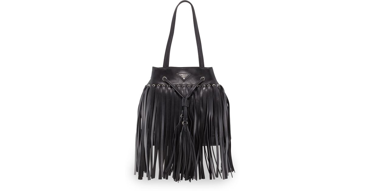 Prada Soft Calf Leather Fringe Bucket Bag in Black (Nero) (Black) - Lyst