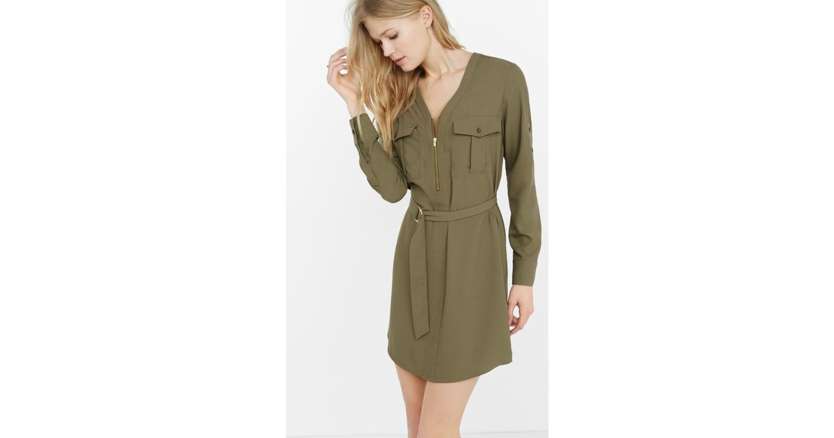 Synthetic Zipper Front Shirt Dress 
