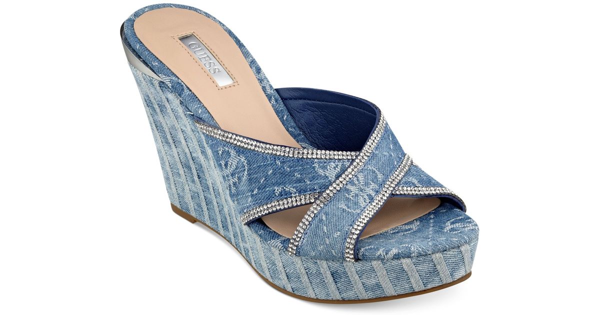 Guess Eleonora Platform Wedge Slide Sandals in Blue | Lyst