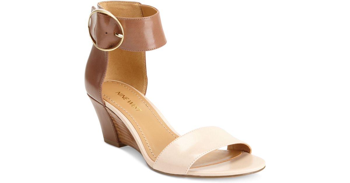 Nine West Ventana Ankle Strap Demi Wedge Sandals in Brown | Lyst