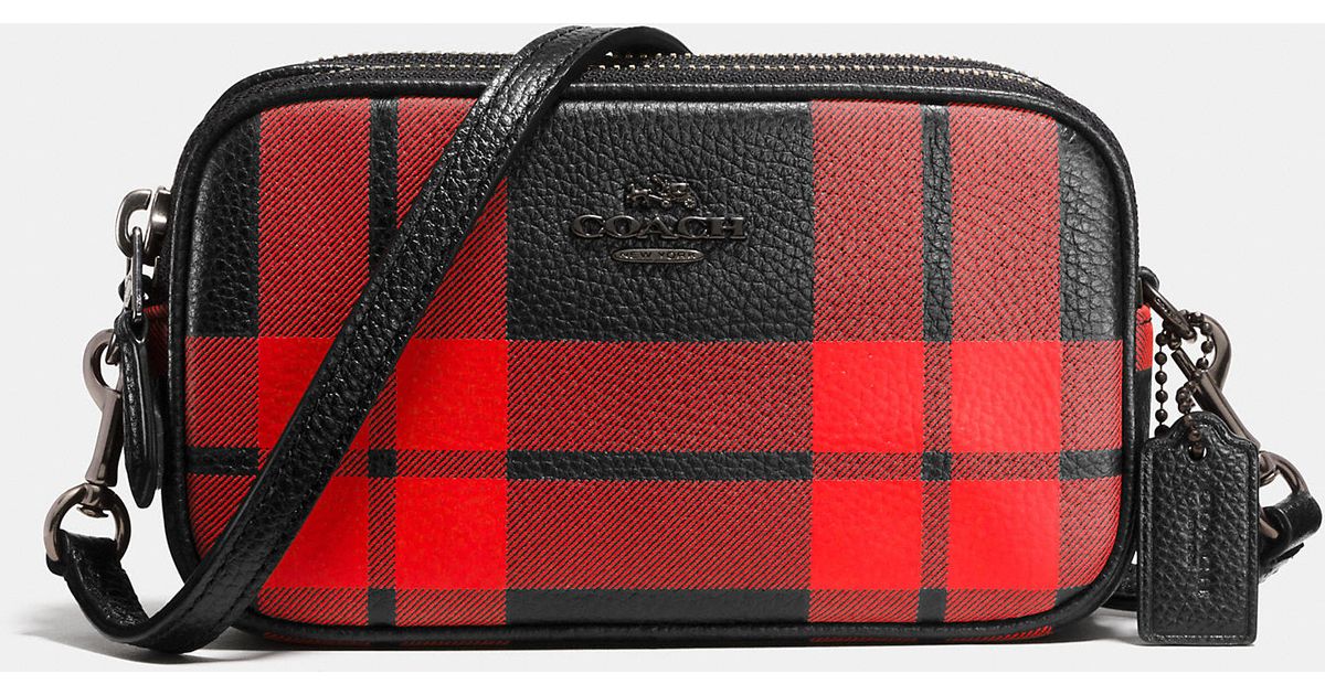 COACH Mount Plaid Crossbody Pouch In Leather in Red - Lyst