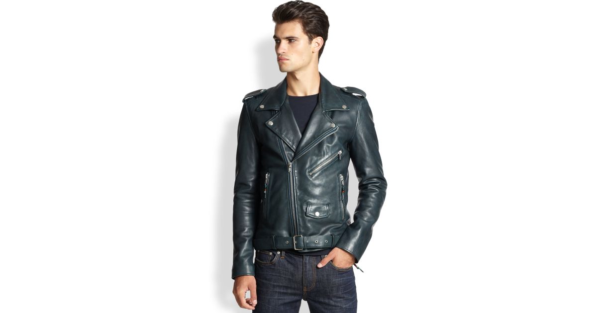Blk Dnm Leather Moto Jacket In Emerald Green For Men Lyst Blk Dnm Leather Moto Jacket In Emerald