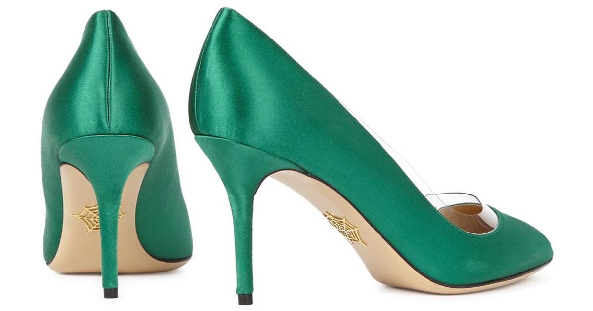 green satin pumps