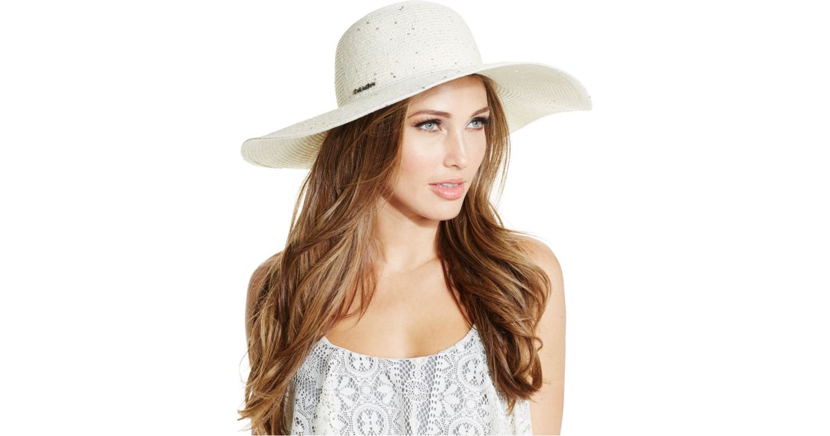 Calvin Klein Sequin Straw Sunhat in Black (White) | Lyst