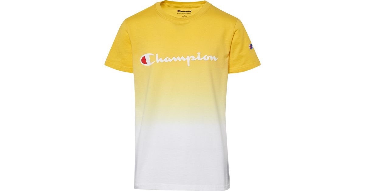 yellow and white champion shirt