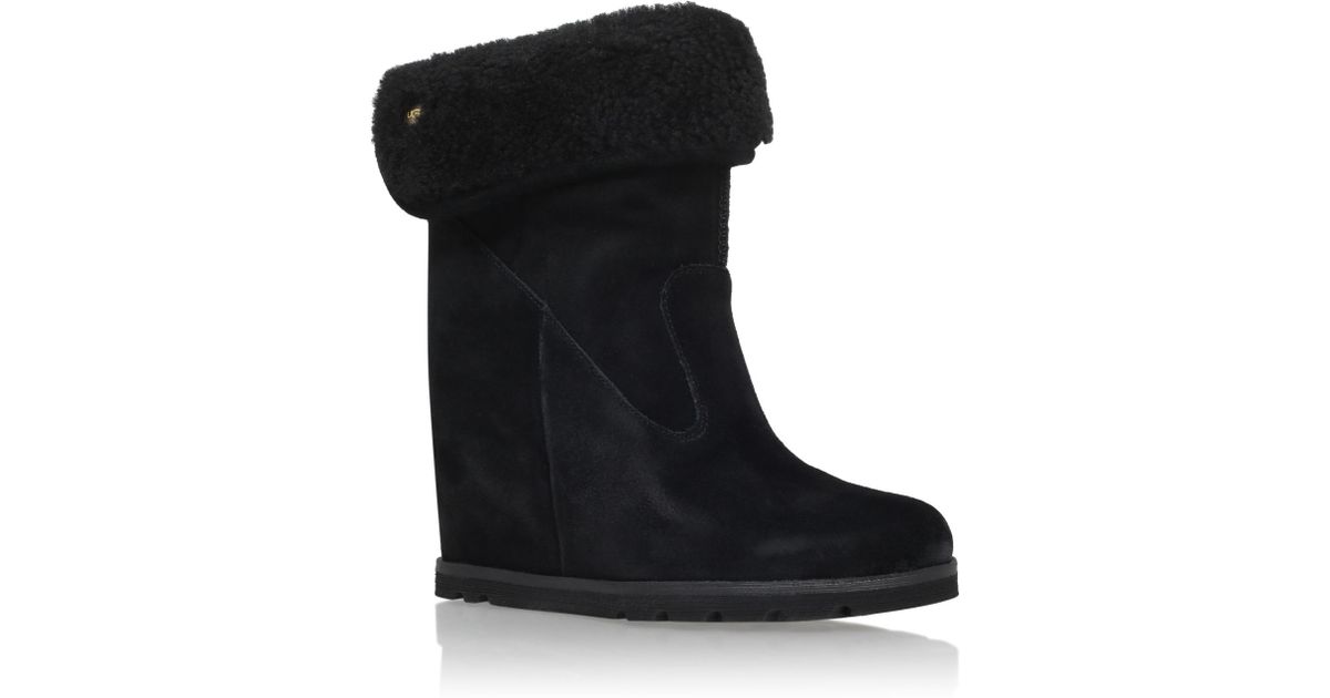 black faux fleece cuff wedge heel trainers