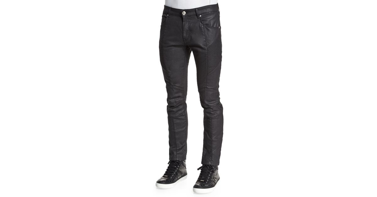 coated moto jeans