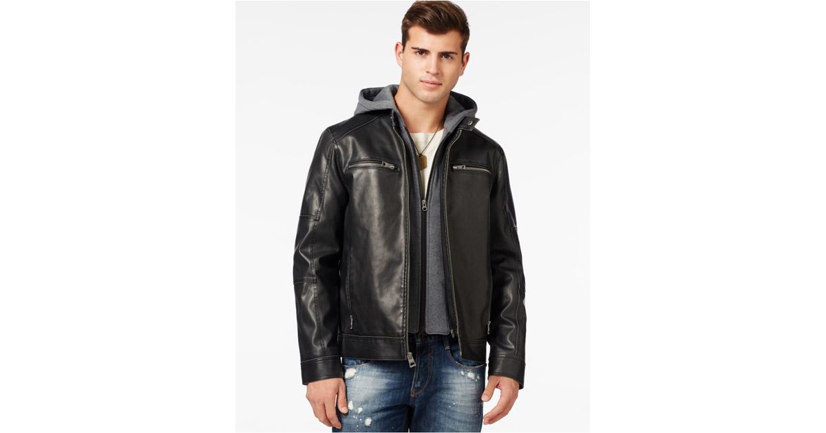 Guess Black Faux Leather Moto Jacket For Men