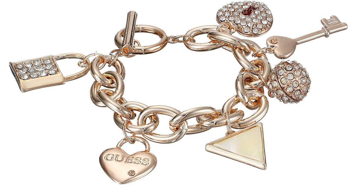 Guess Lock, Key, Hearts Charm Bracelet in Metallic | Lyst