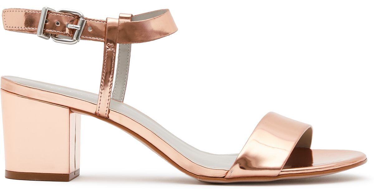 gold mid block heel sandals