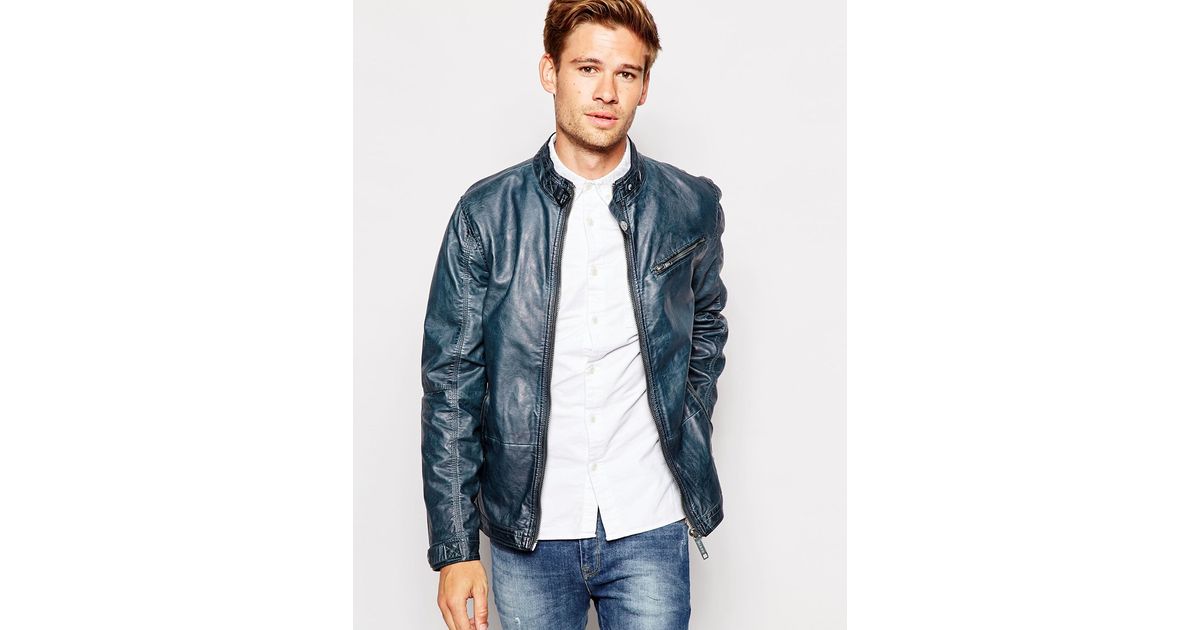 Blend Blue Biker Jacket Faux Leather Vintage Wash For Men