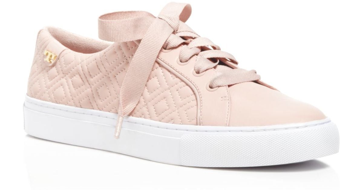 Tory Burch Marion Quilted Lace Up Sneakers in Pink | Lyst Tory Burch Marion Quilted Lace Up Sneakers in Pink | Lyst
