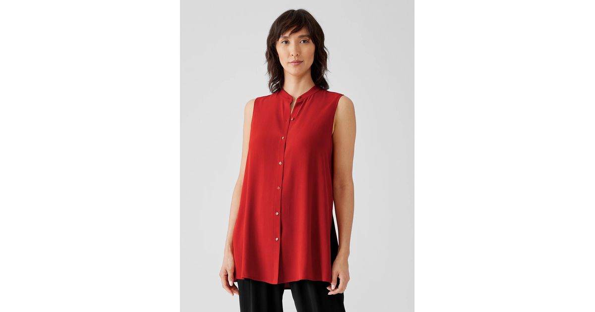 Eileen Fisher Silk Georgette Crepe Sleeveless Shirt in Red | Lyst