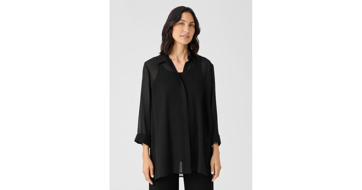 Eileen Fisher Sheer Silk Classic Collar Shirt in Black Lyst