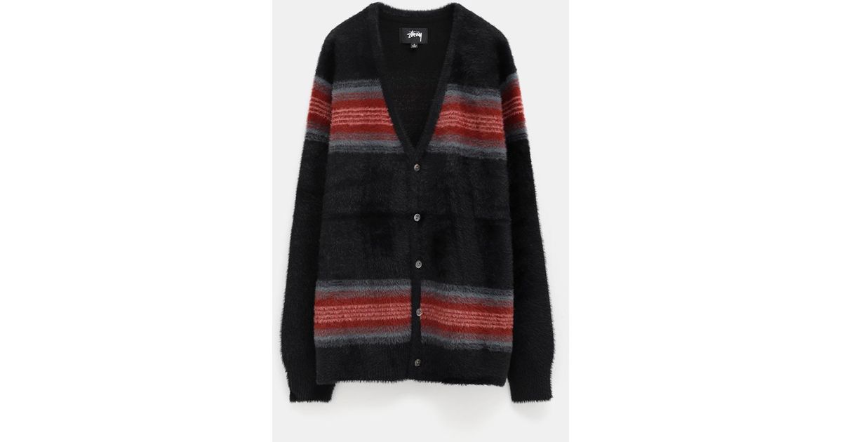 Stussy Striped Shaggy Cardigan in Black | Lyst