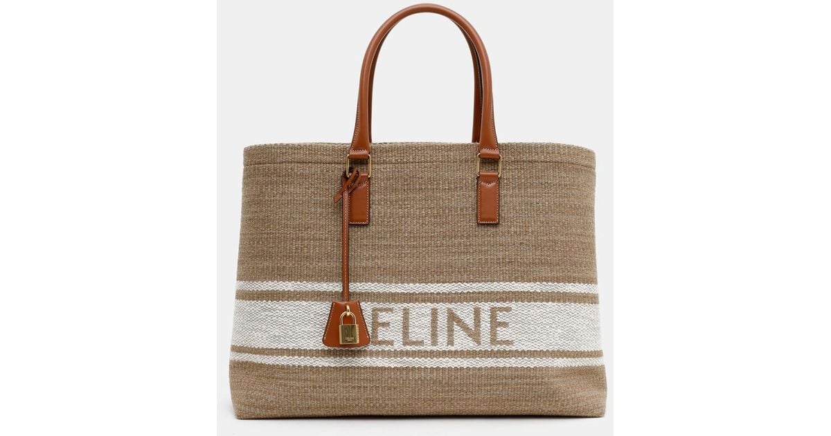 LARGE CABAS IN RAFFIA EFFECT TEXTILE WITH CELINE EMBROIDERY - NATURAL / TAN