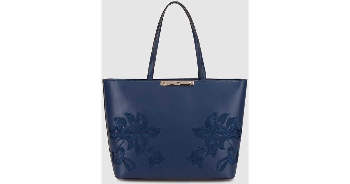 Guess Navy Blue Rigid Tote Bag With Floral Embroidery - Lyst