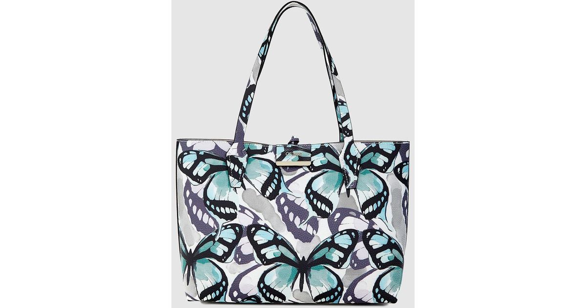 Guess Reversible Butterfly Print And Plain Beige Tote Bag - Lyst