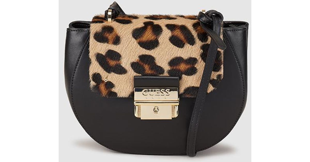 Guess Black Leather Crossbody Bag With Animal Print Flap