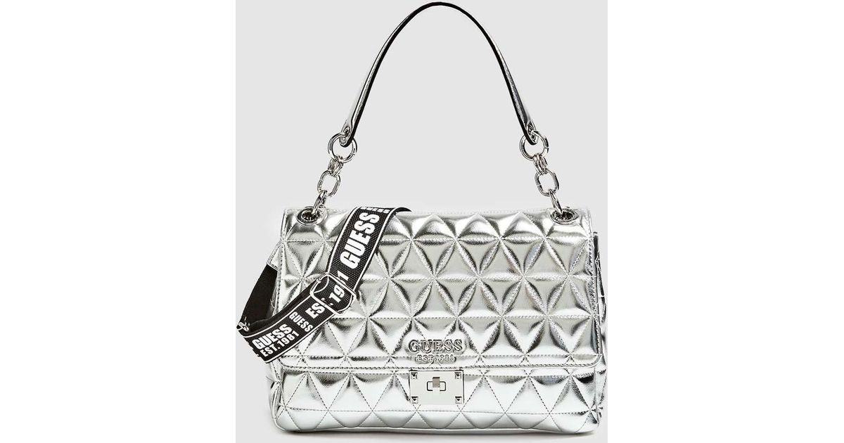 Guess Silver Quilted Shoulder Bag With Several Straps in Metallic Lyst