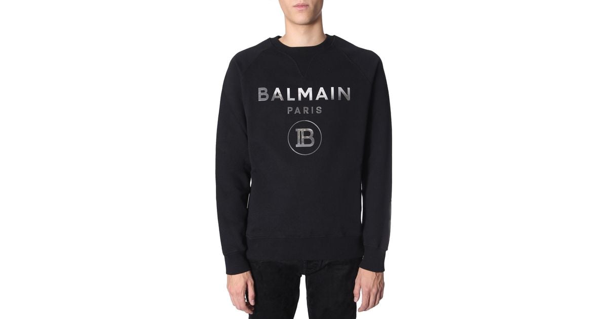 Balmain Crew Neck Cotton Sweater With Mirrored Logo in Black for Men - Lyst