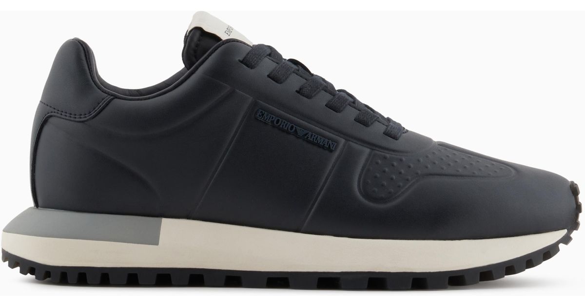 Emporio Armani Leather Sneakers With Thermoformed Details In Black For emporio-armani-leather-sneakers-with-thermoformed-details-in-black-for