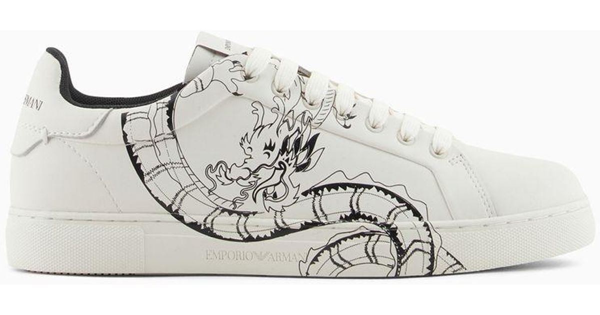 Emporio Armani Dragon-print Leather Sneakers in White | Lyst