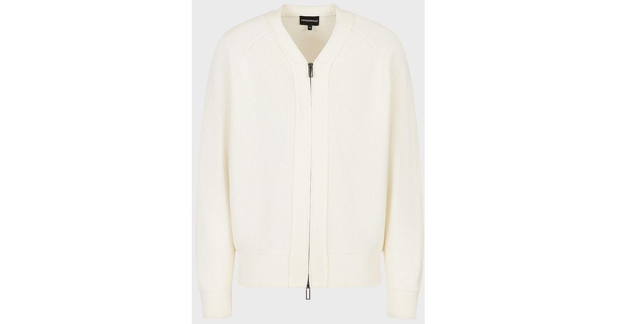 Emporio Armani English Rib-knit V-neck Cardigan With Zip In A Wool Blend in  White for Men | Lyst