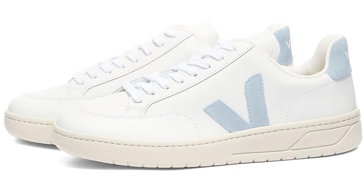 Veja V-12 Leather Sneakers in White/Light Blue (White) for Men - Lyst