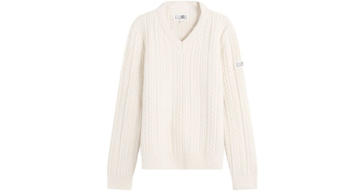 Maison Margiela Mm6 V-Neck Chunky Knitted Jumper in White | Lyst