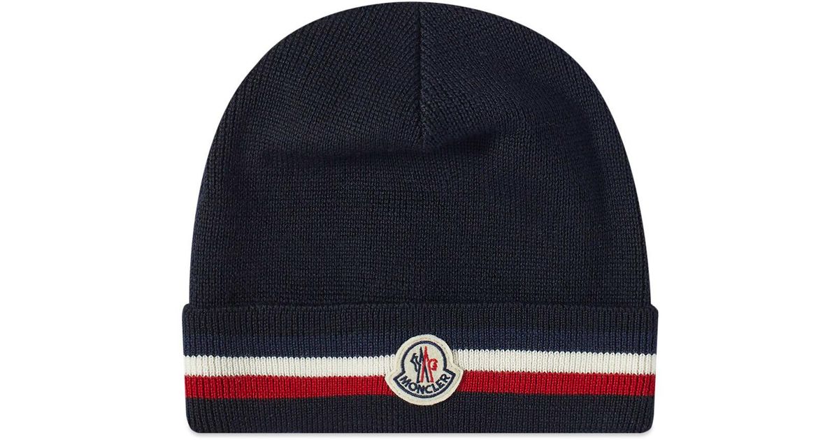 Moncler Tricolore Band Logo Beanie in Blue for Men | Lyst