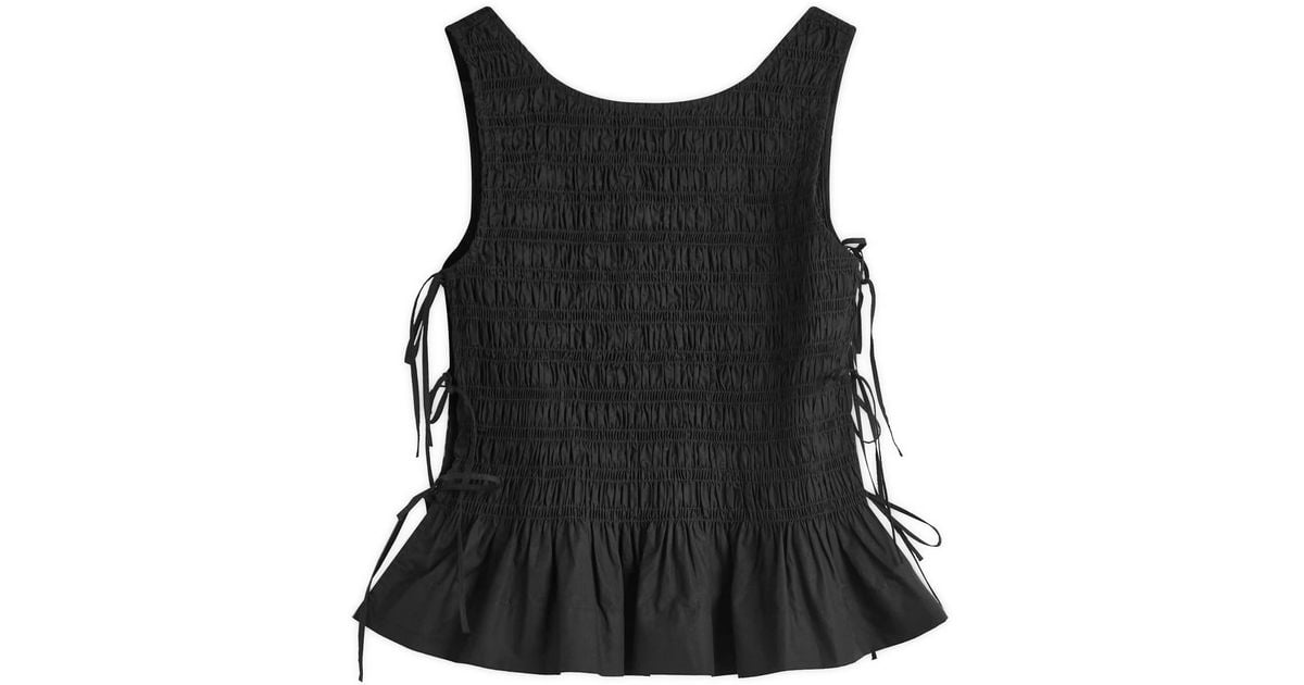 Ganni Cotton Poplin Smock Tie String Top in Black | Lyst