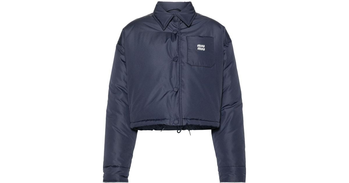 Miu Miu Cropped Puffer Jacket in Blue | Lyst