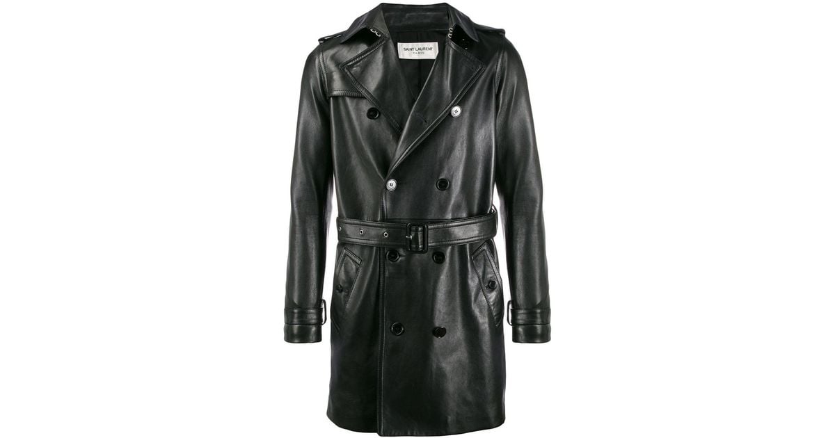 Saint Laurent Leather Trench Coat in Black for Men - Lyst