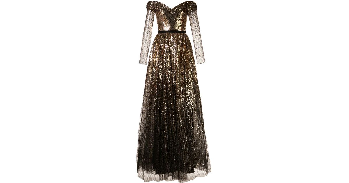 marchesa notte gold artwork sequin gown
