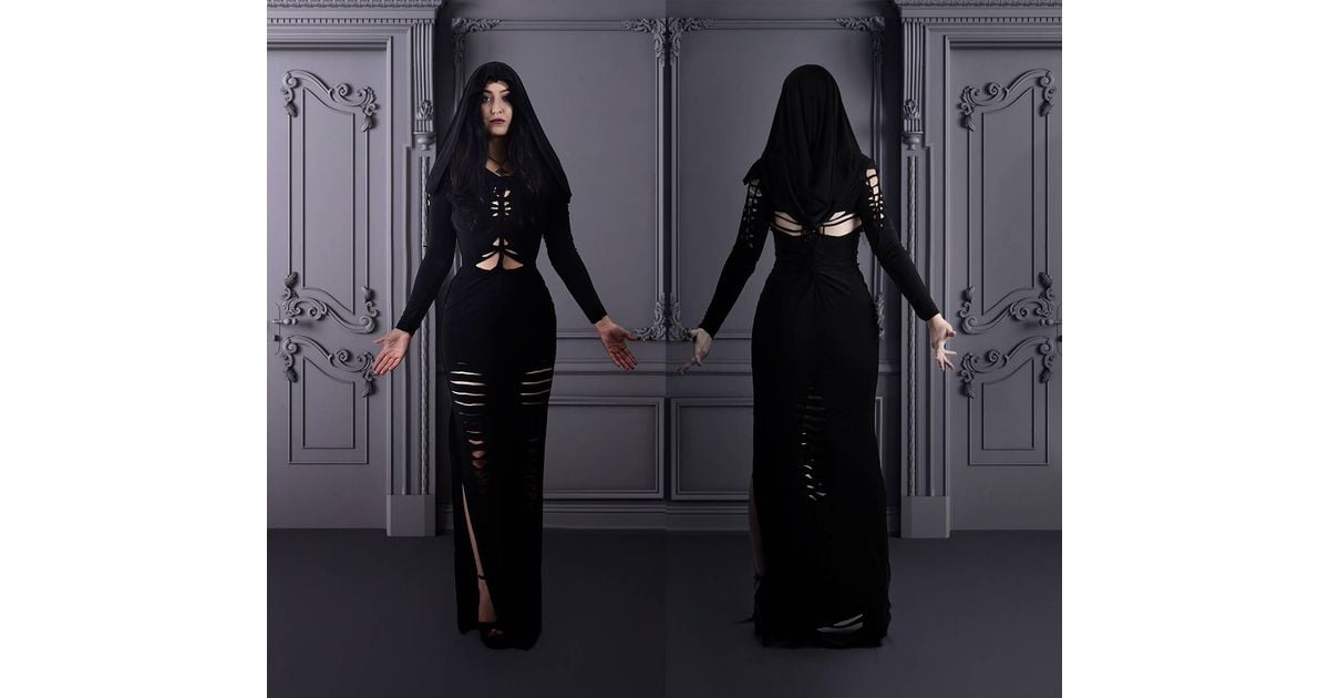 Robe Tailladee Morticia Addams Black Gothic Pencil Hood En Synthetique Etsy Lyst