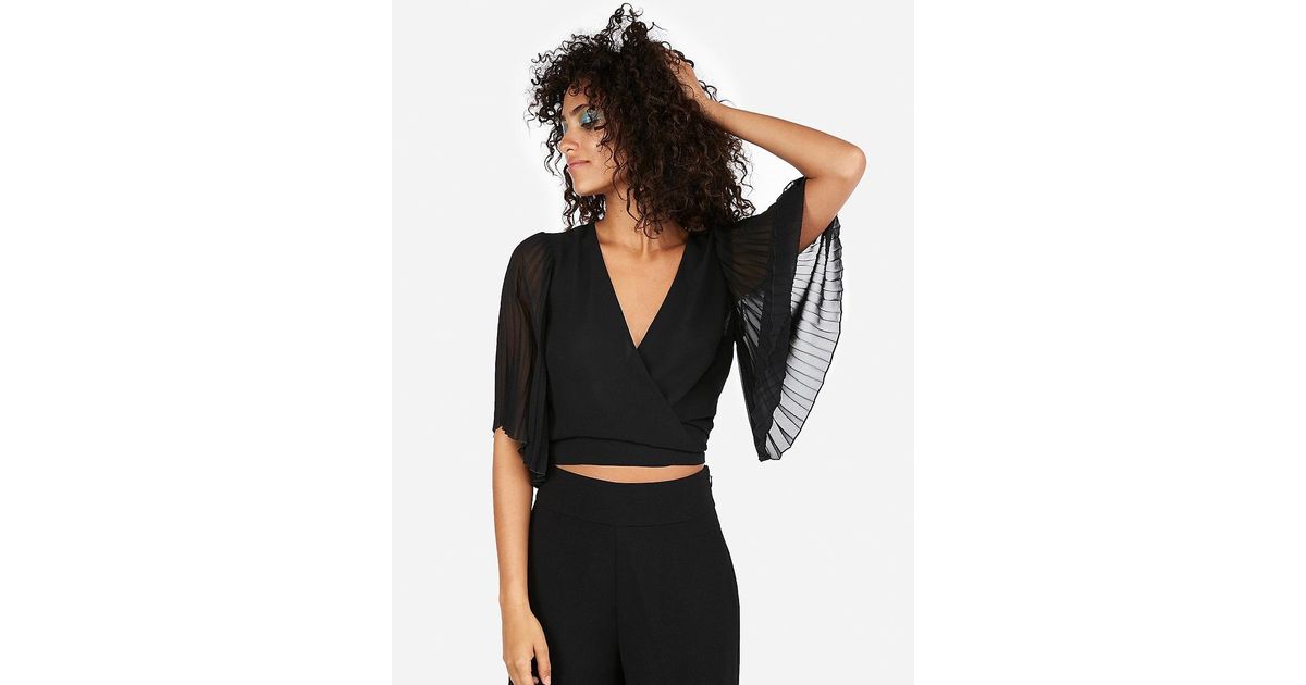 pleated kimono sleeve surplice wrap blouse