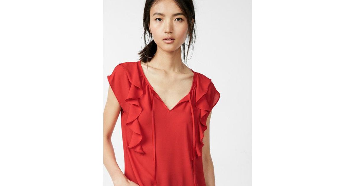 red ruffle front blouse