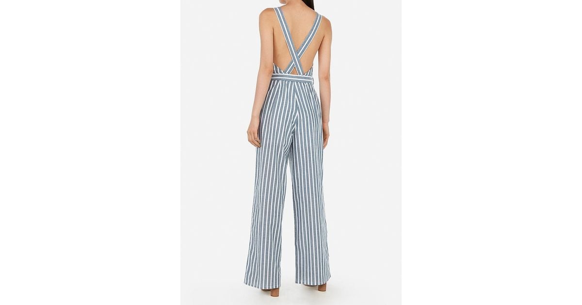 Express Striped Crossback Paperbag Waist Surplice Jumpsuit Blue Stripe