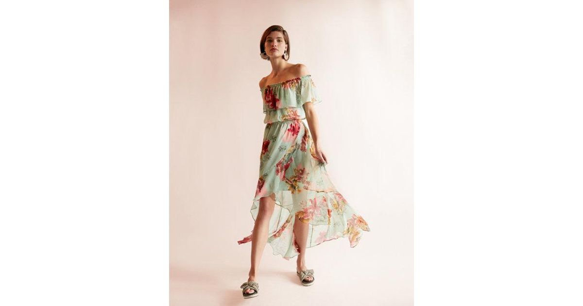 green floral off the shoulder dress