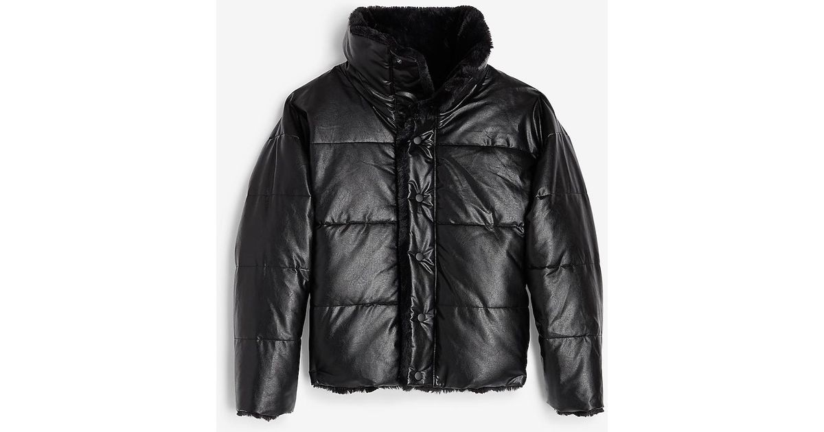 reversible vegan leather & faux fur puffer coat